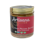 Artisana pecan butter with cashews jar, sealed glass container with label