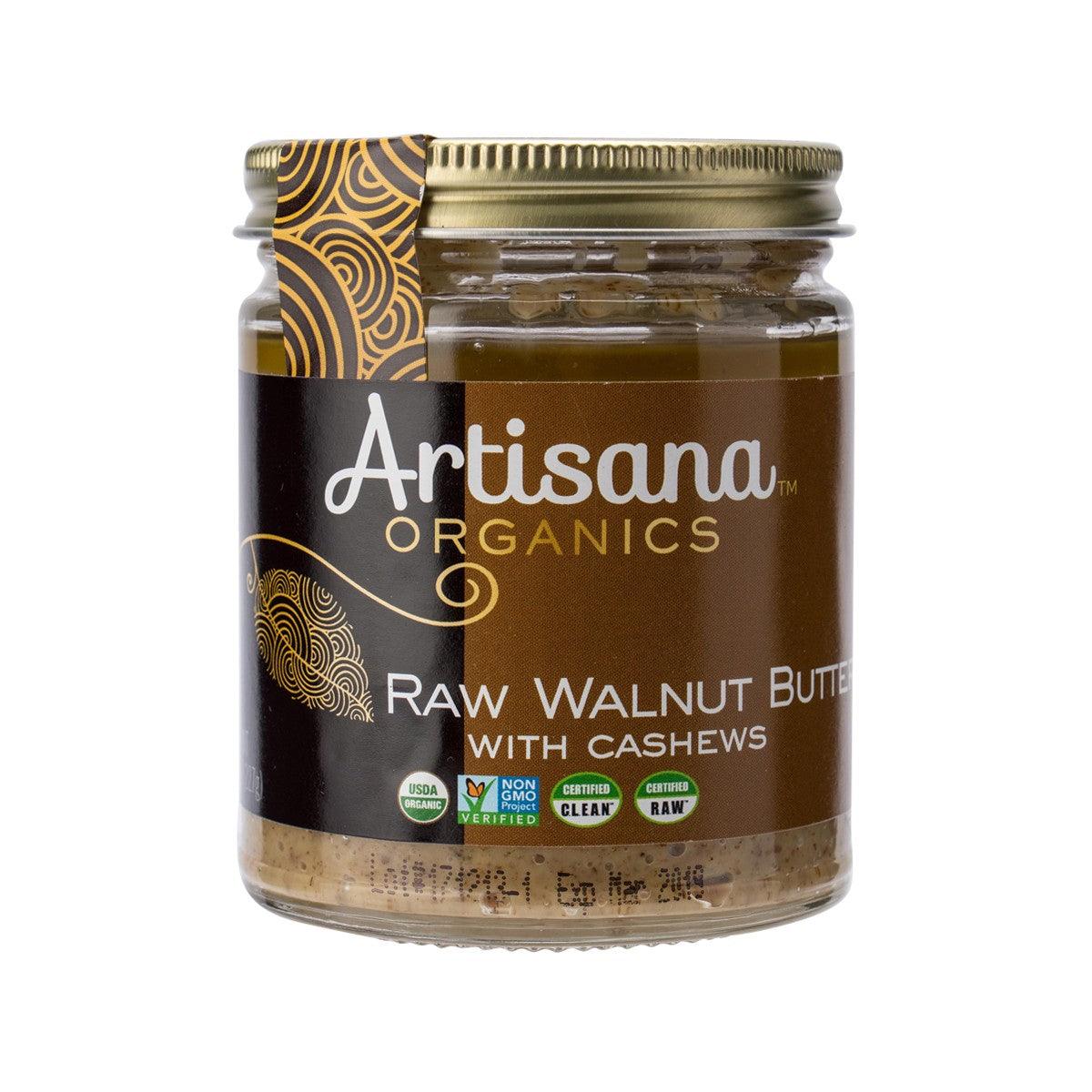 ARTISANA Organics raw walnut butter with cashews glass jar with sealed lid
