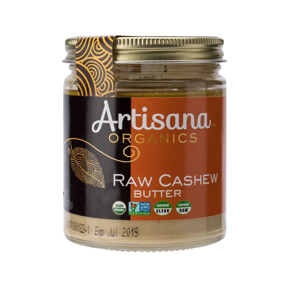 ARTISANA Organics raw cashew butter jar, metal lid and front label