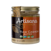 ARTISANA Organics raw cashew butter jar, metal lid and front label