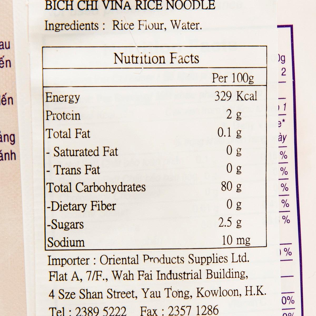 Rice noodle nutrition facts label with ingredients and per-100g values