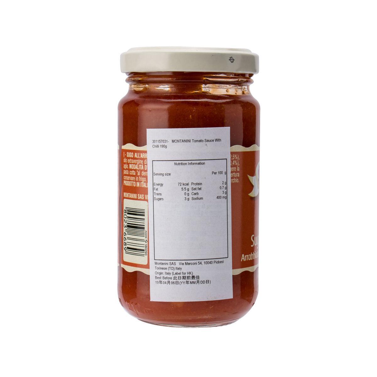 MONTANINI Arrabbiata tomato sauce with chili, nutrition label on jar