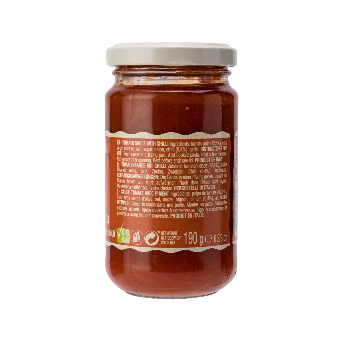 MONTANINI Arrabbiata tomato sauce with chili, jar ingredients text panel