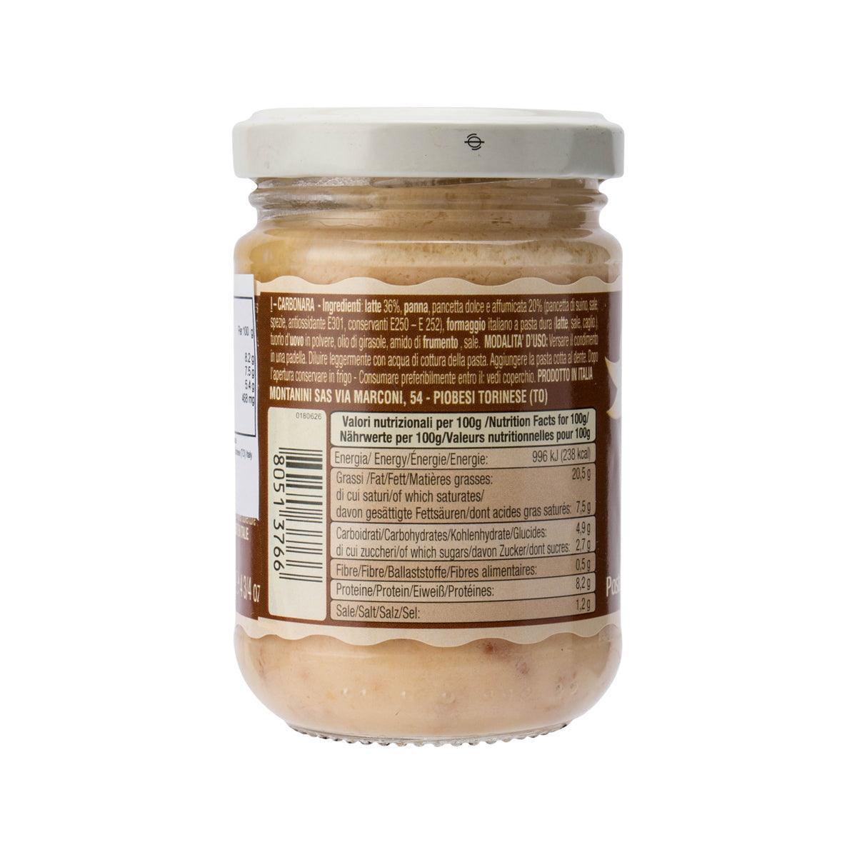 Carbonara pasta sauce jar back label with ingredients and nutrition, 140 g