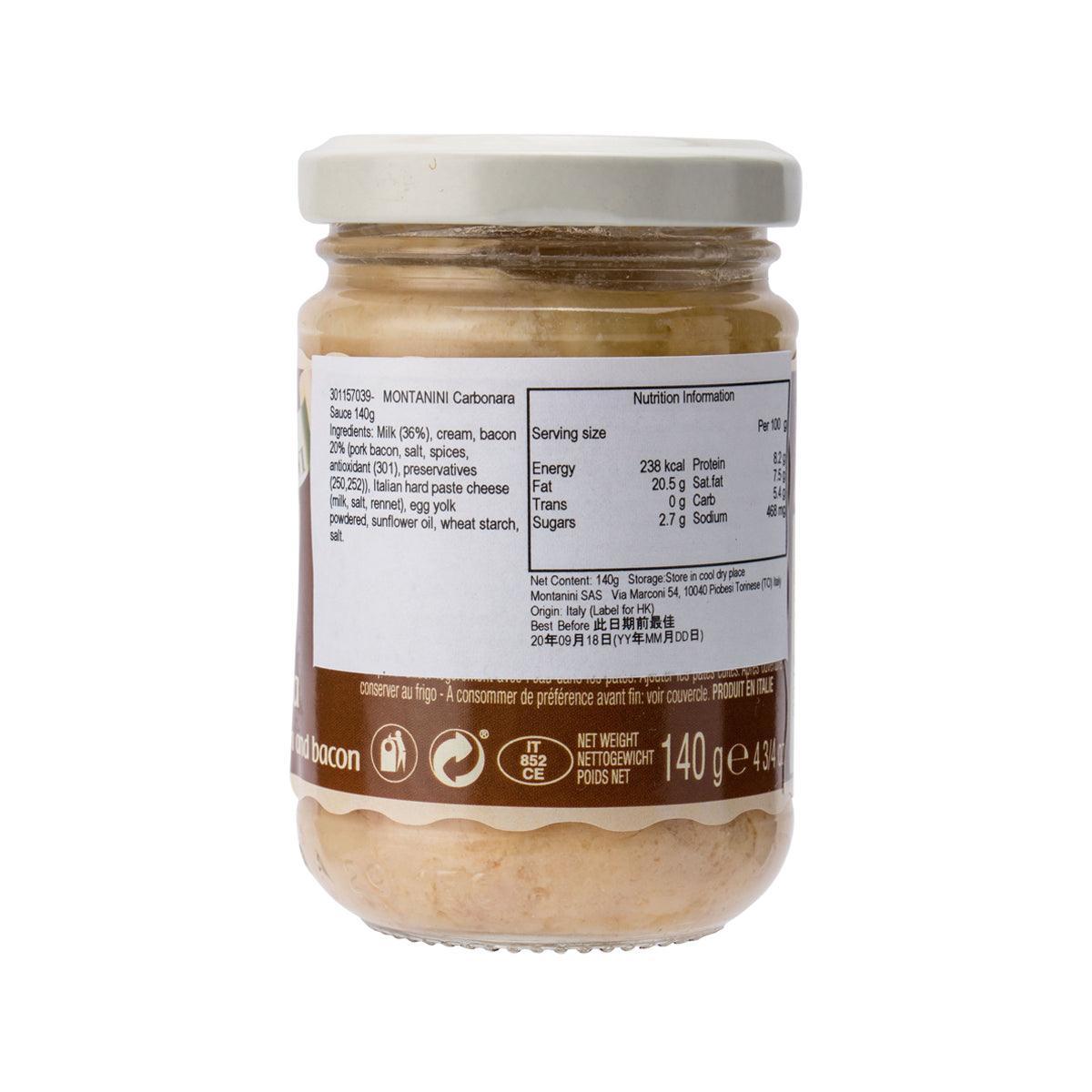 Carbonara pasta sauce jar nutrition facts label, net weight 140 g