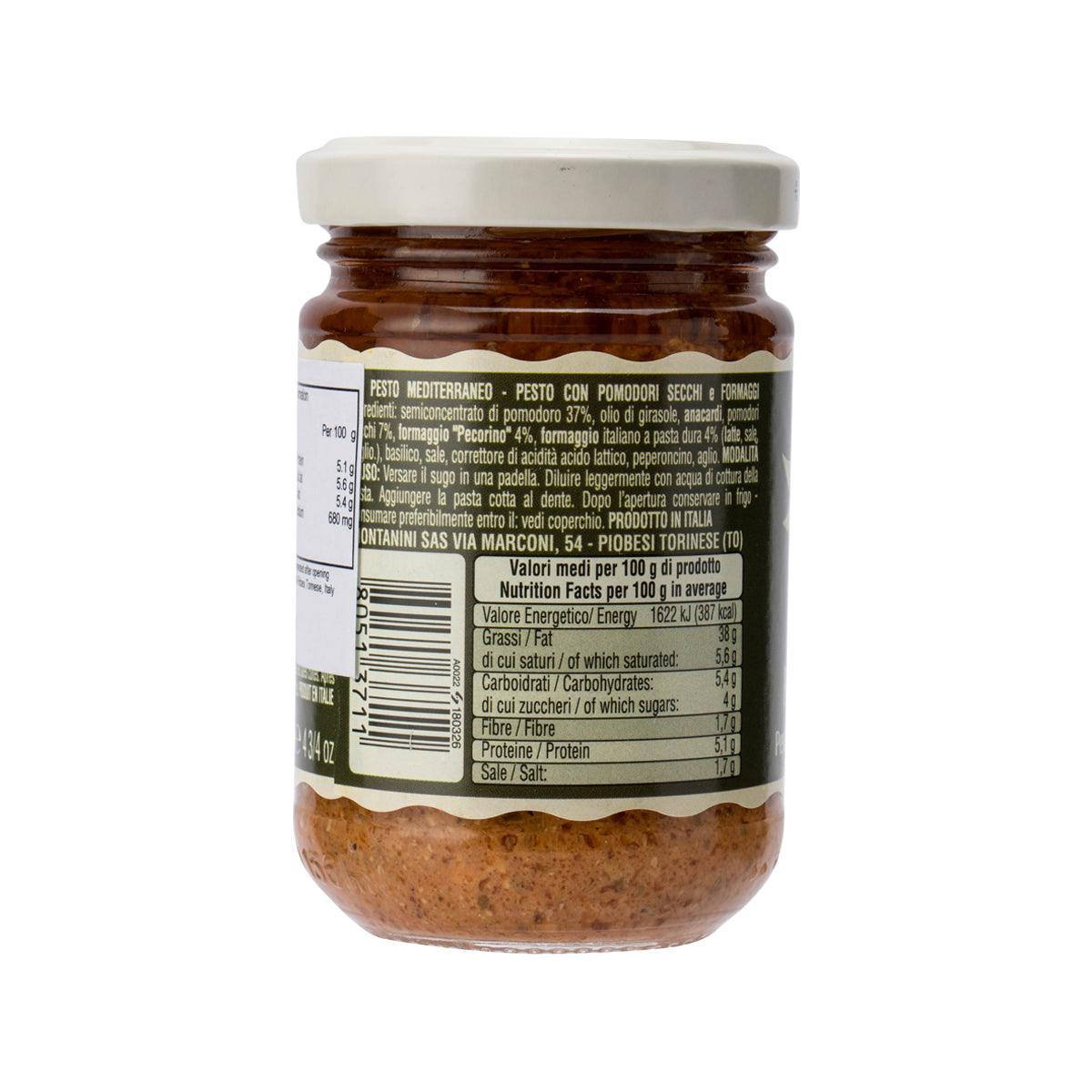 MONTANINI Pesto Mediterraneo sauce jar, nutrition and ingredients label