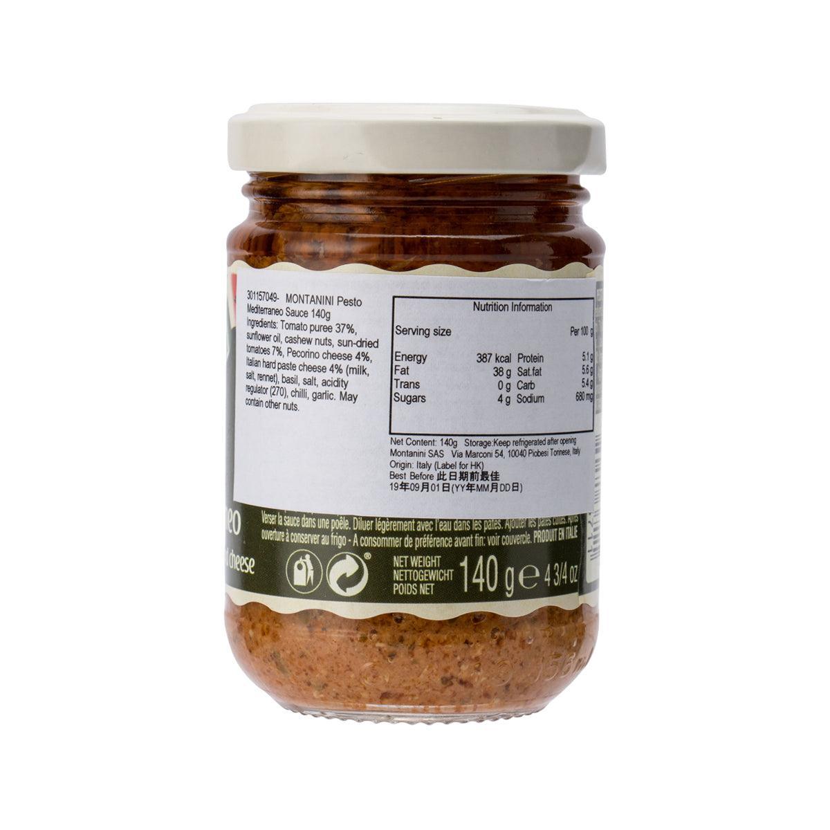 MONTANINI Pesto Mediterraneo sauce jar, nutrition facts panel