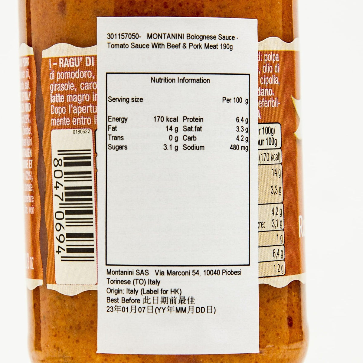 MONTANINI Bolognese sauce jar label with nutrition facts and barcode