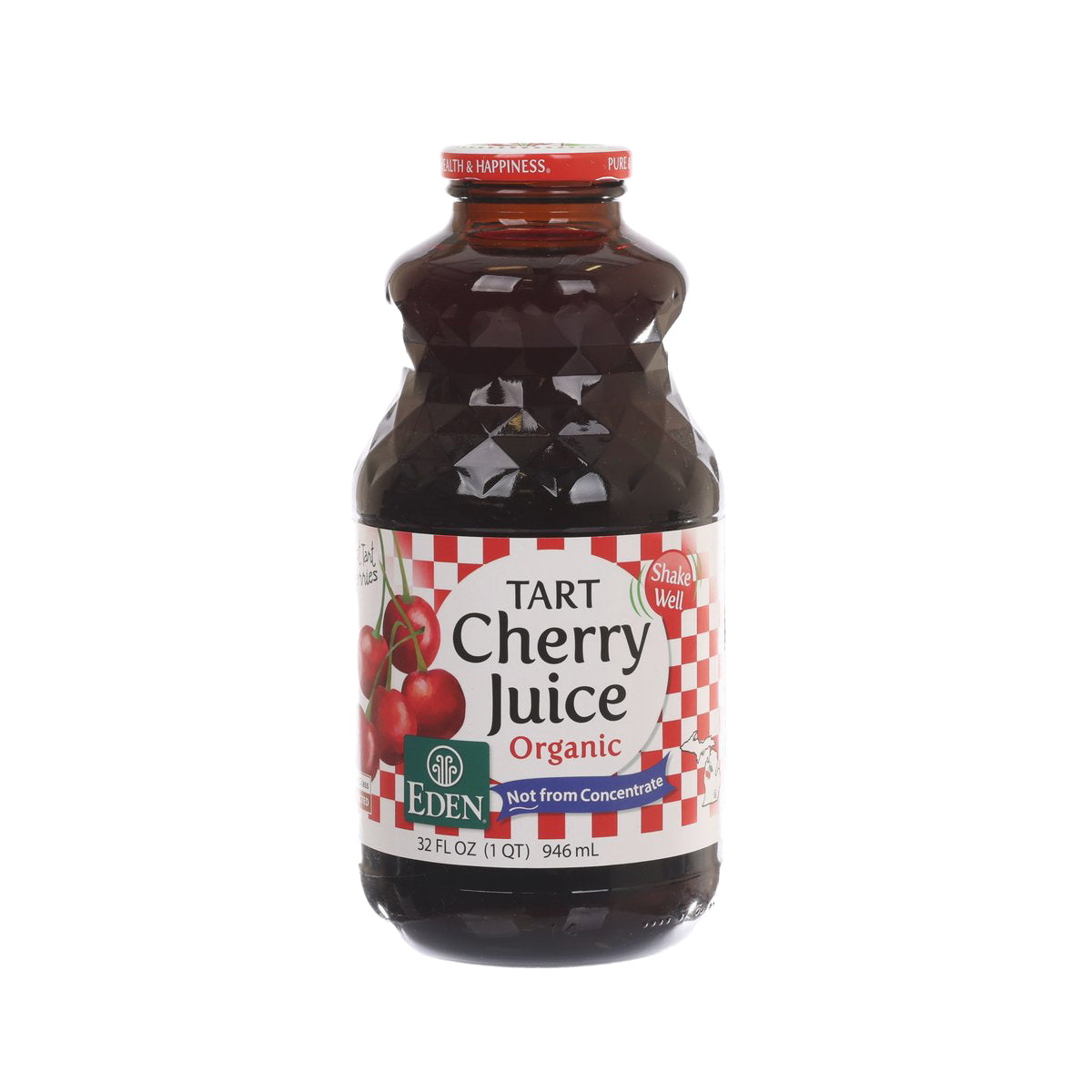 Organic tart cherry juice bottle, dark glass, 946 mL, front label