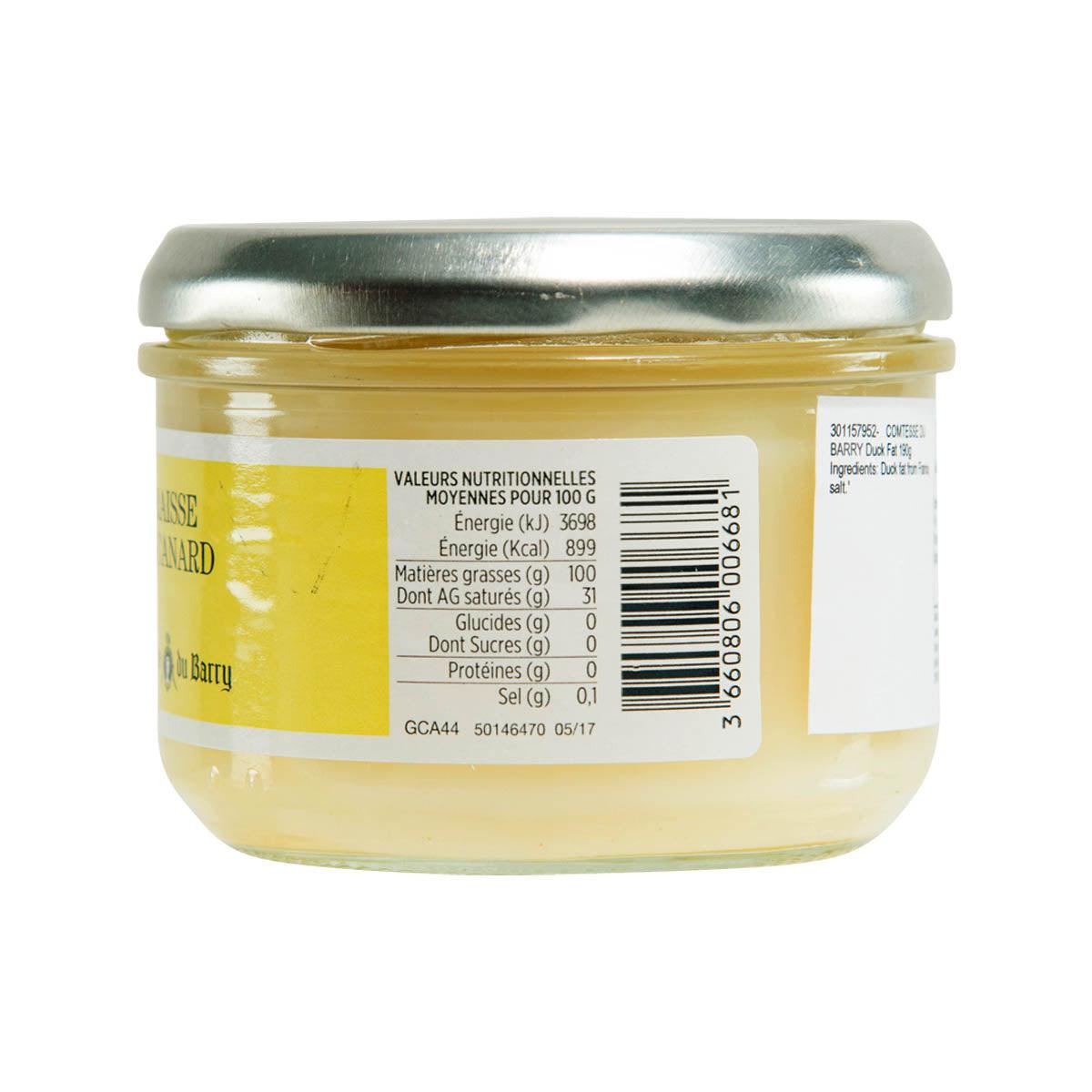 Duck fat jar with nutrition label, ingredients and barcode