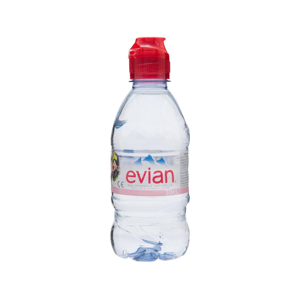 EVIAN natural mineral water 330 mL bottle with red cap, front label