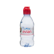 EVIAN natural mineral water 330 mL bottle with red cap, front label