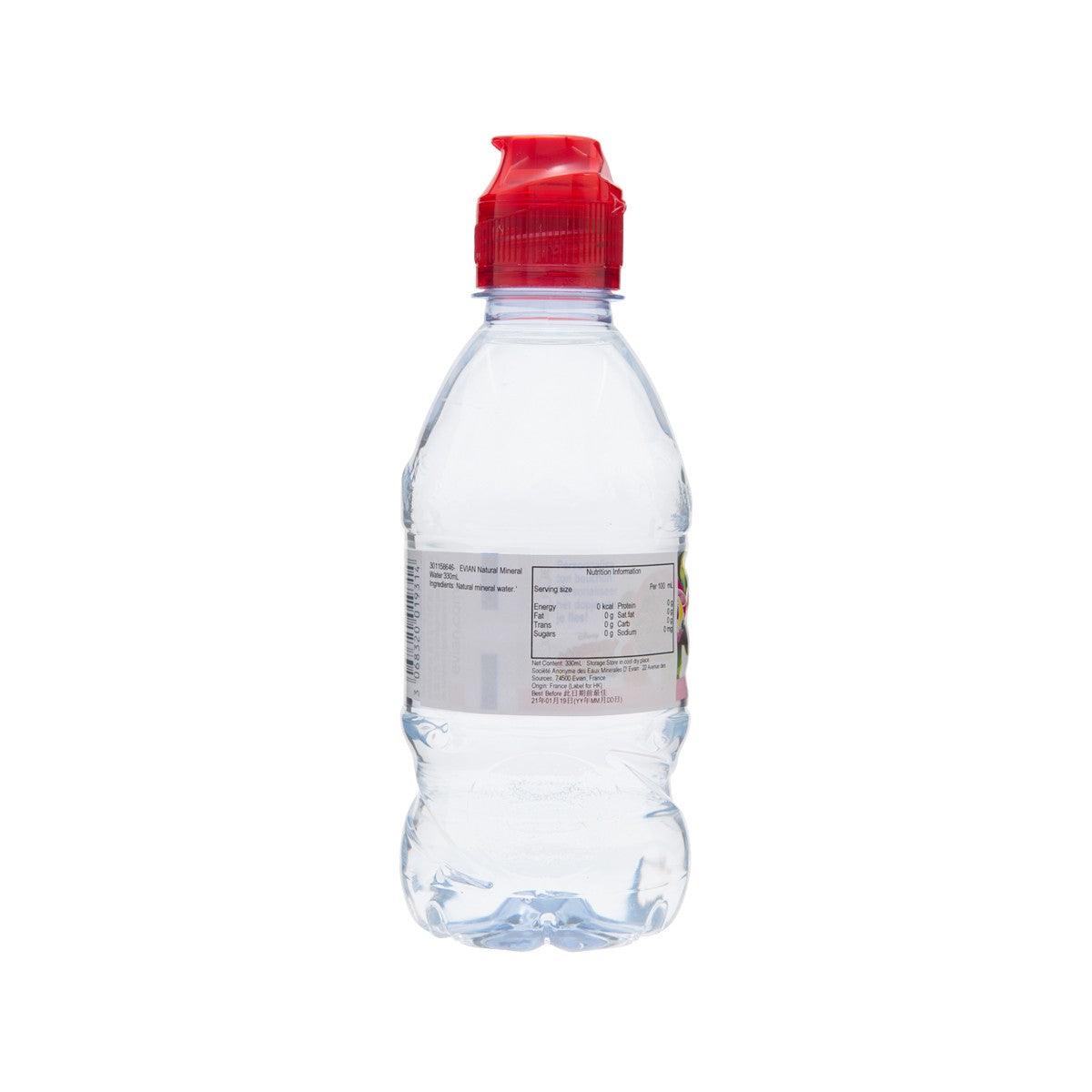 EVIAN natural mineral water 330 mL bottle with red cap, back label details