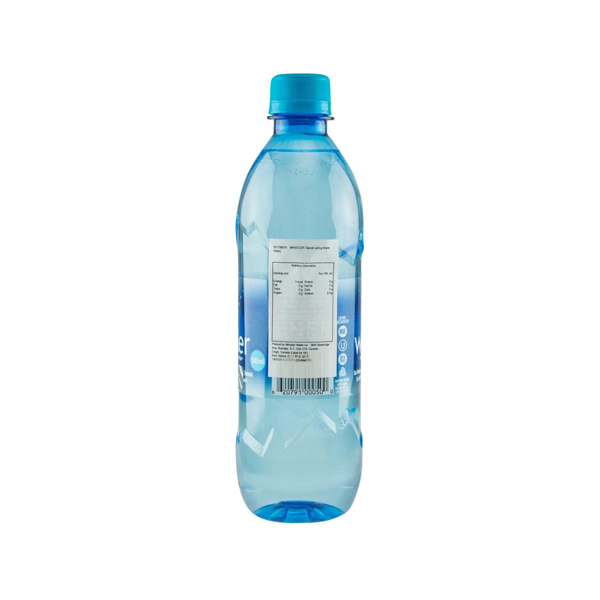 WHISTLER 500 mL spring water bottle, back label and barcode, clear blue PET