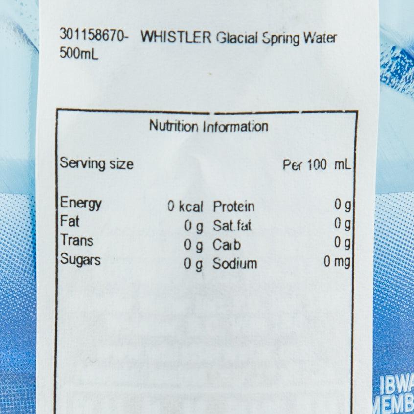 Nutrition information panel on WHISTLER 500 mL spring water label