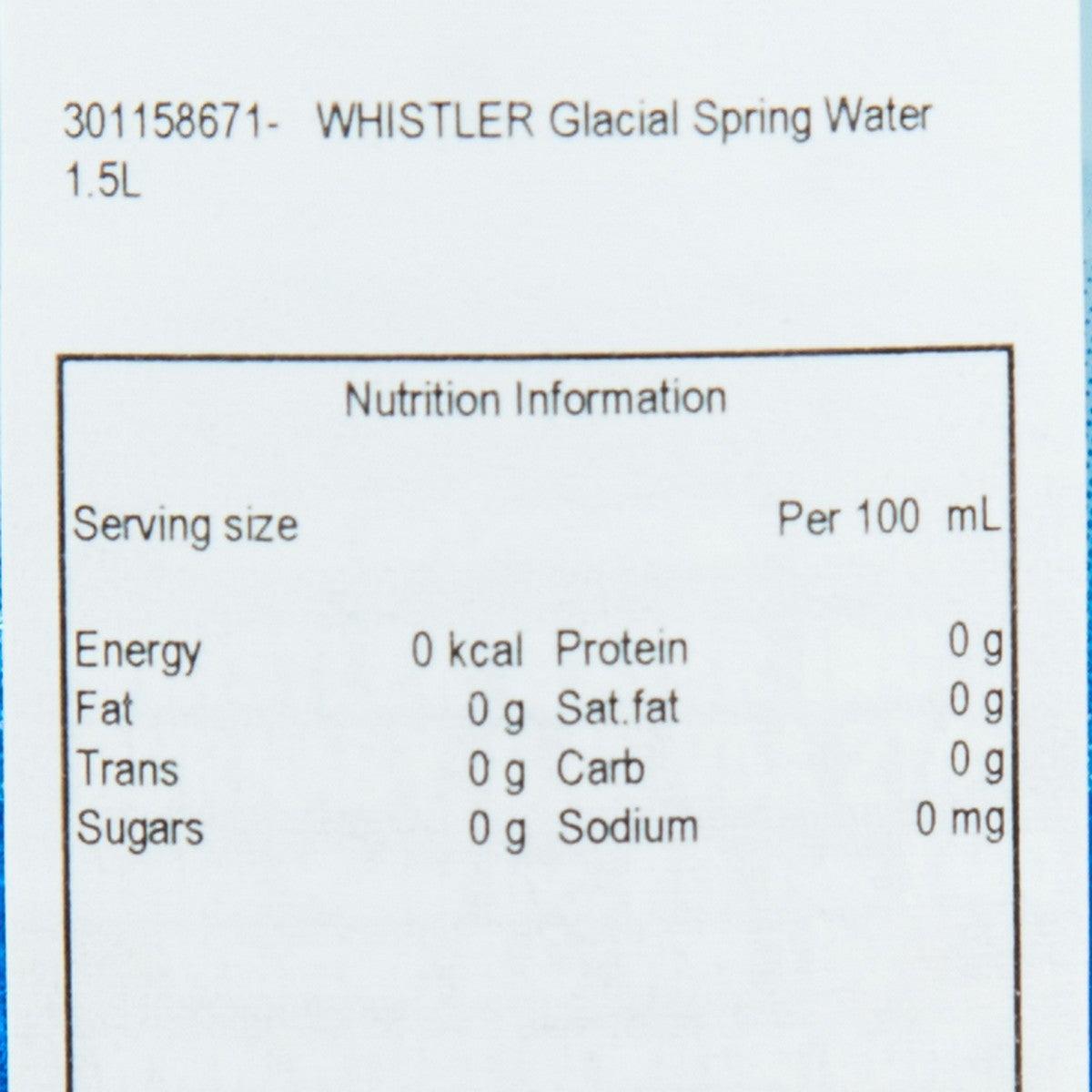 WHISTLER spring water bottle nutrition information label close-up