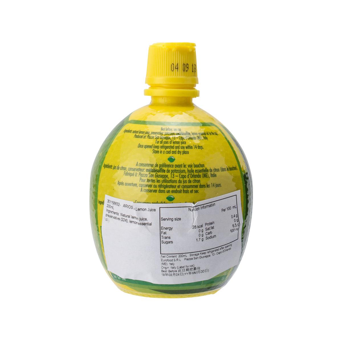 Ariosto lemon juice bottle, back label view with yellow cap, 200 mL