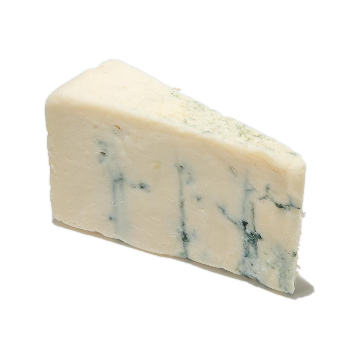 Blue cheese wedge, creamy white with blue-green mold veins on the cut face