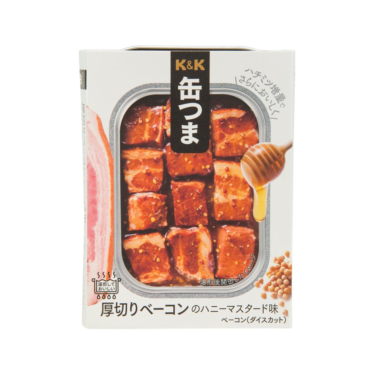 K&K thick sliced bacon, honey mustard flavor pack, front showing sliced pieces