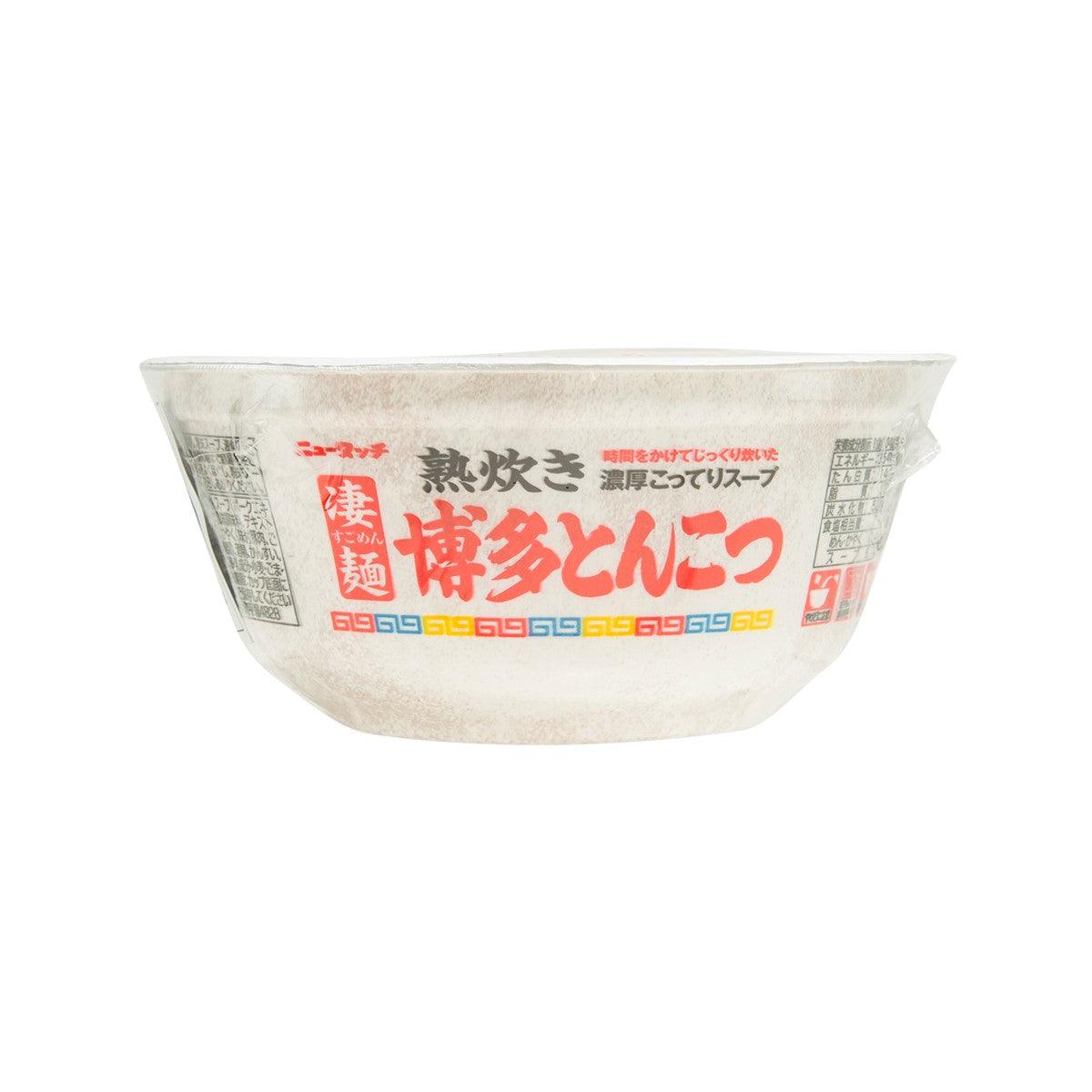 Instant ramen noodle cup side with pork bone soup label and clear noodle bowl shape