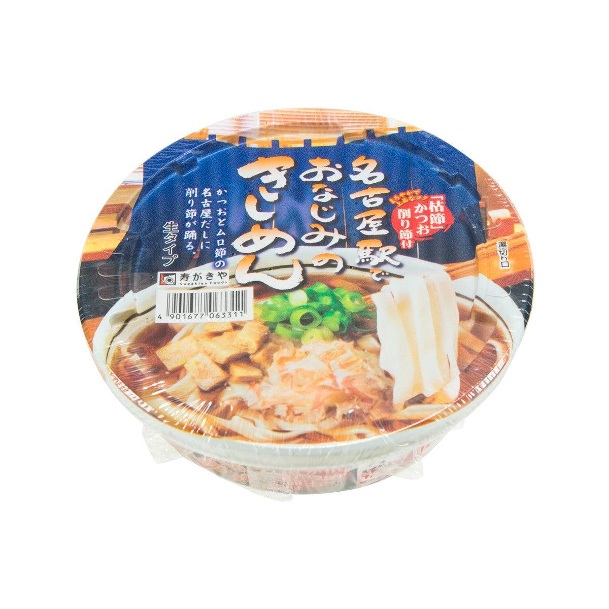 SUGAKIYA instant kishimen noodle cup, top view showing noodles and green topping illustration