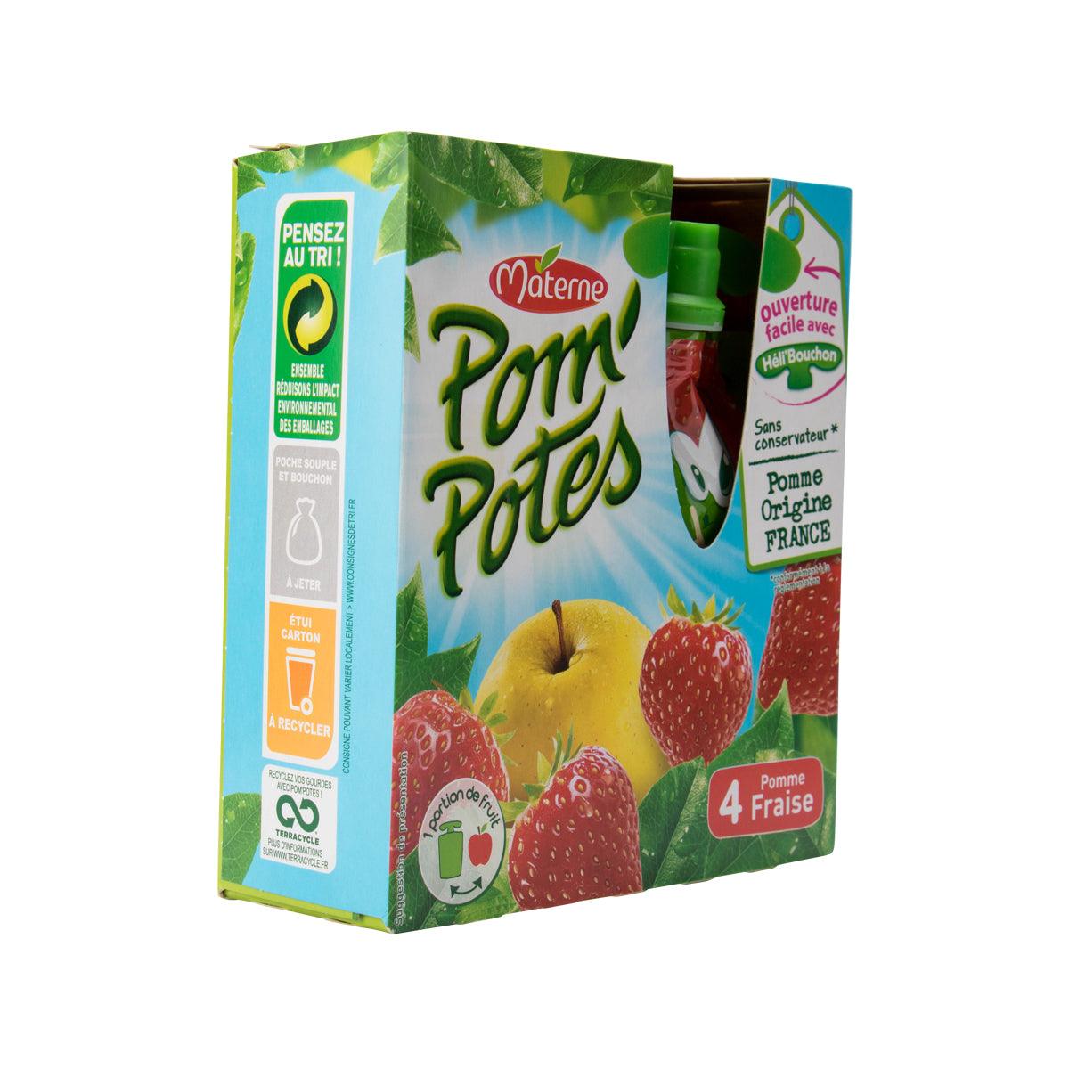 MATERNE Pom'Potes apple & strawberry carton with side panel, front angle