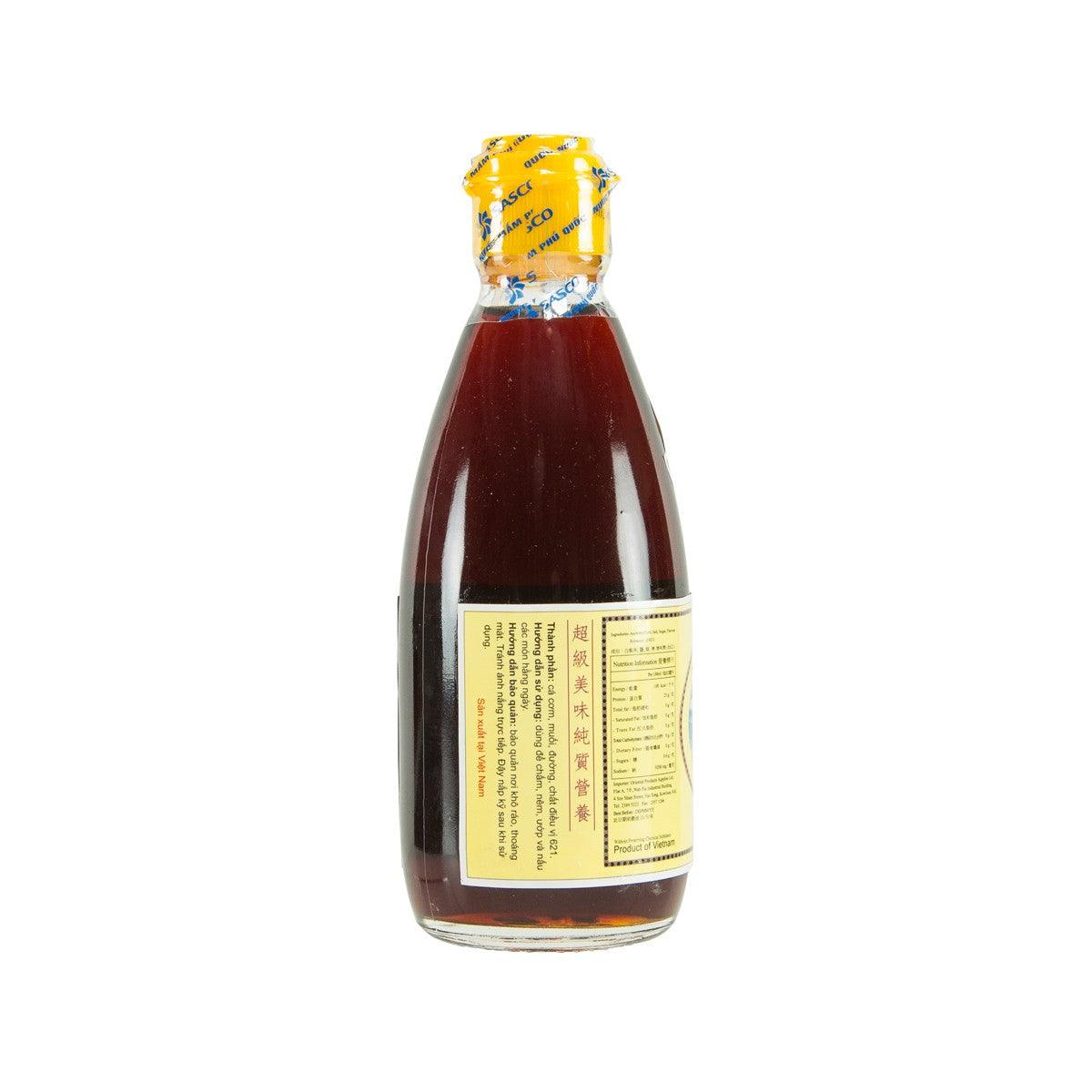 SASCO Phu Quoc fish sauce bottle, 265 mL, back label with ingredients and barcode