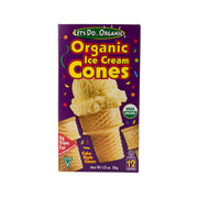 Organic ice cream cones box, purple packaging with cone photo and 12 count