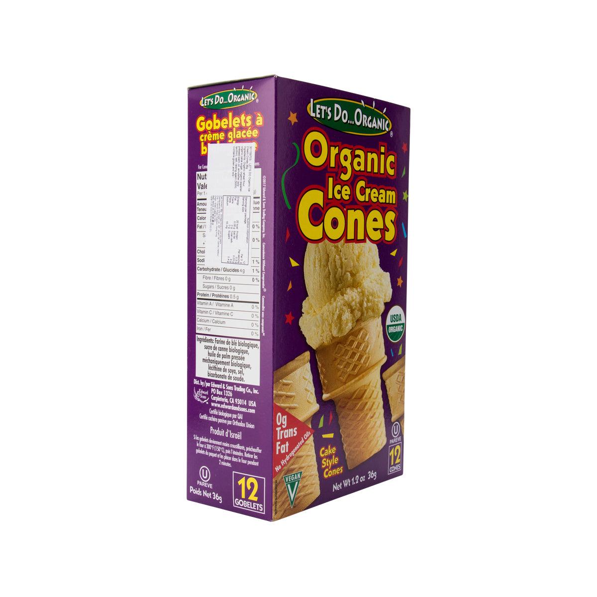 Organic ice cream cones carton, side view with product info and 12 count