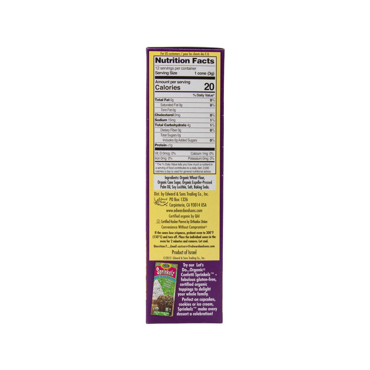 Organic ice cream cones carton, nutrition facts label on purple back