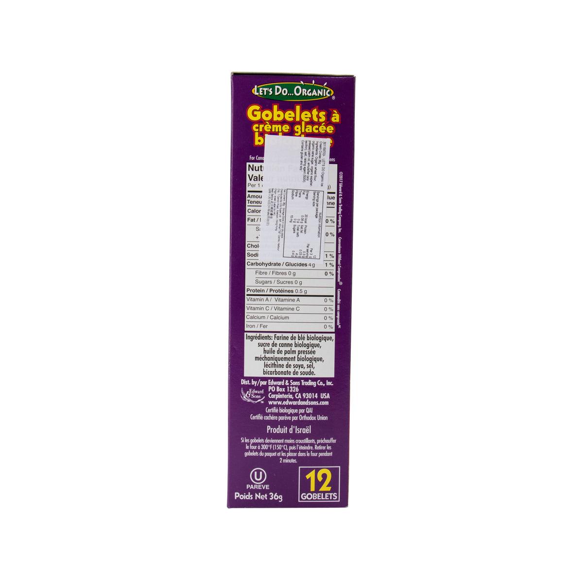 Organic ice cream cones carton, ingredients and allergen info panel, 12 count