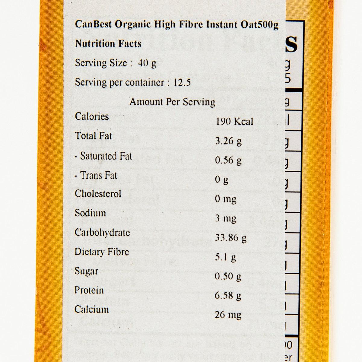Nutrition facts label on instant oats box with serving size and calorie details