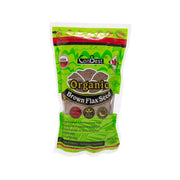 Organic brown flax seed in resealable green-and-white pouch