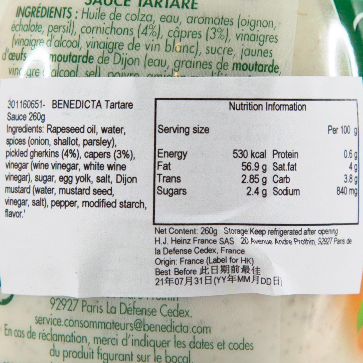 BENEDICTA tartare sauce 260g bottle label with ingredients and nutrition facts