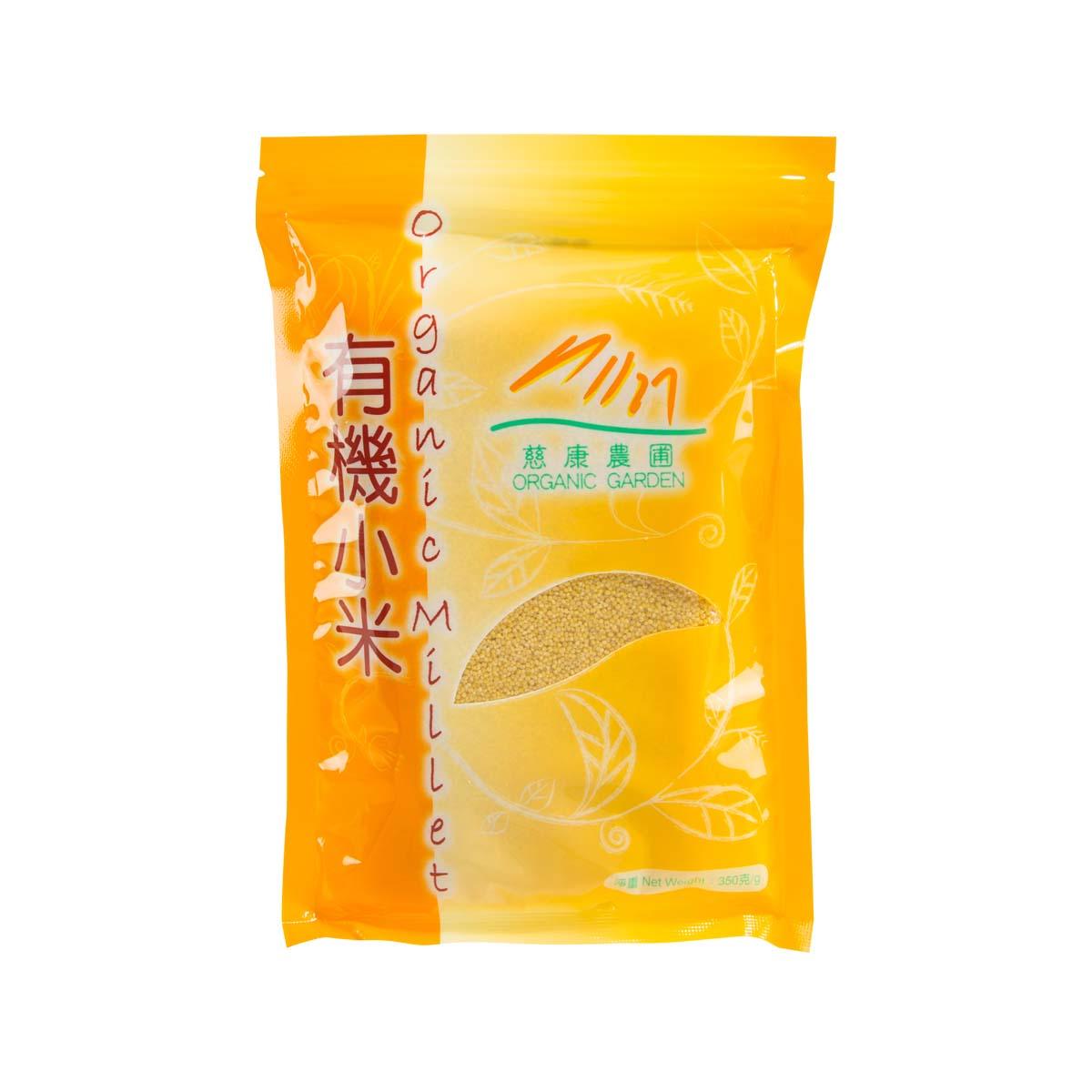 Organic millet grain in yellow plastic pouch, 350 g