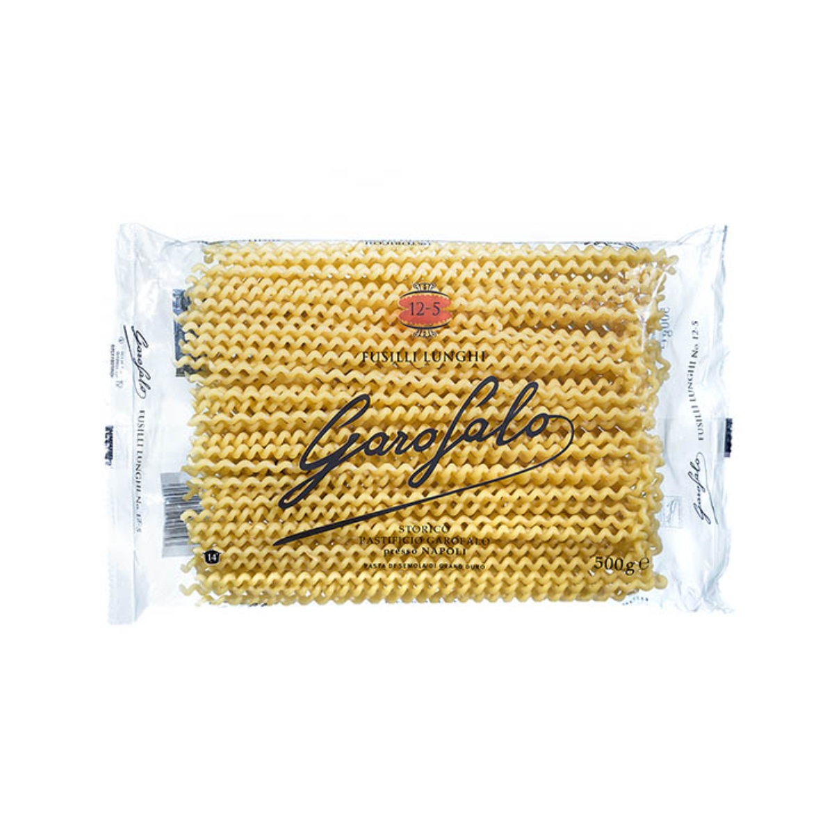 Garofalo fusilli longhi dry pasta 500 g in clear plastic package
