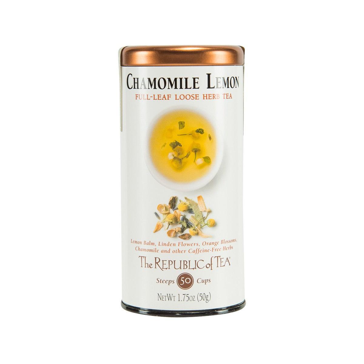 Chamomile lemon loose herb tea tin, copper lid and front label