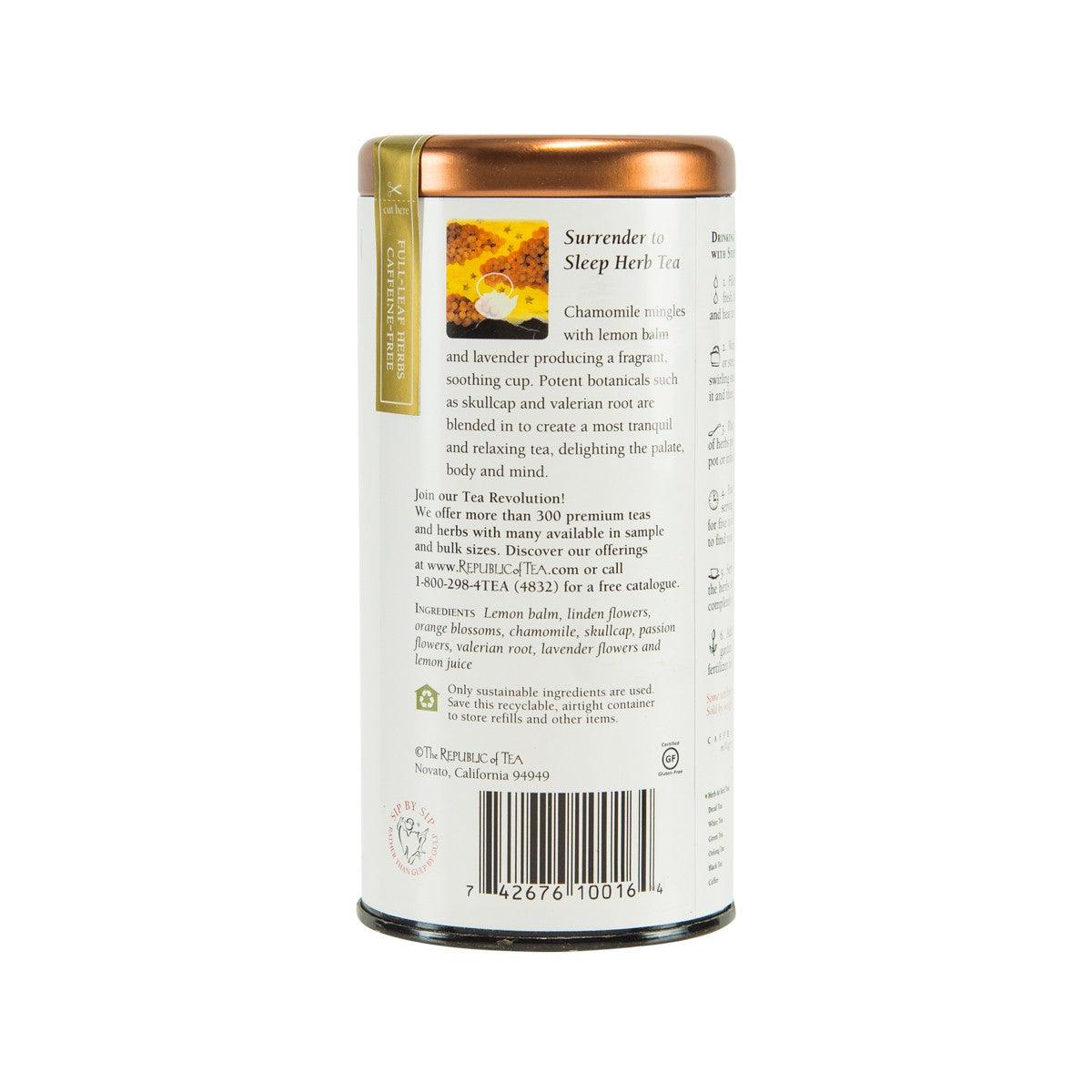 Chamomile lemon loose herb tea tin, back label and barcode