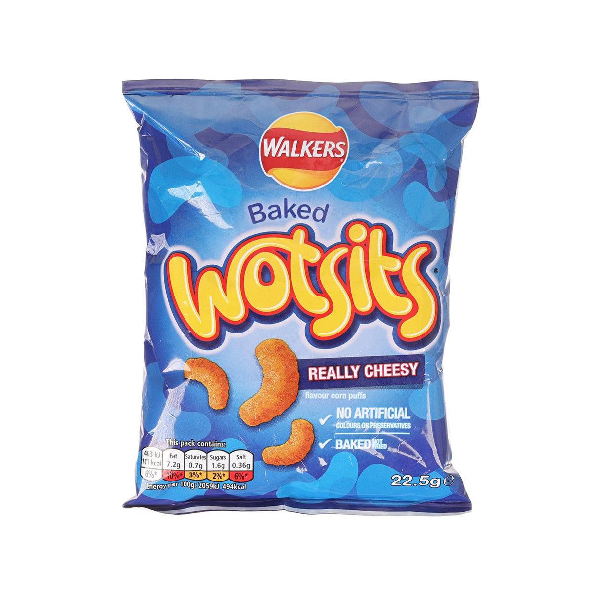 WALKERS Wotsits baked cheesy corn puffs bag, blue with orange snack graphics