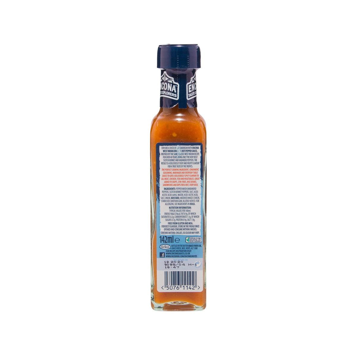ENCONA hot pepper sauce bottle with back label text, 142 mL