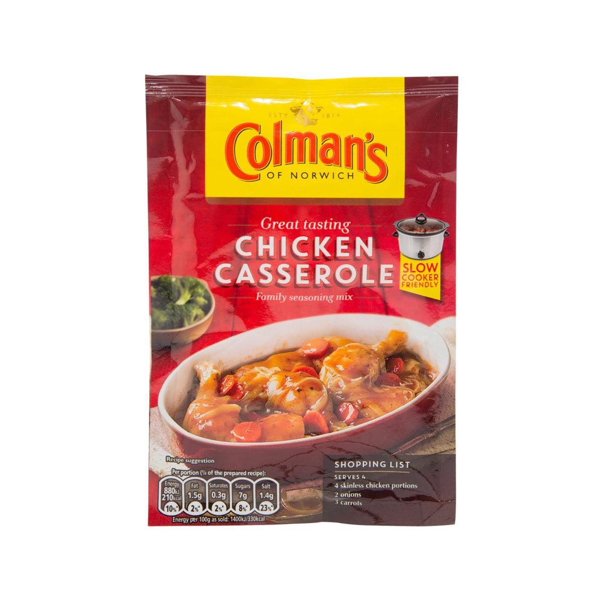 COLMAN'S chicken casserole family seasoning mix sachet, red/yellow front with dish graphic