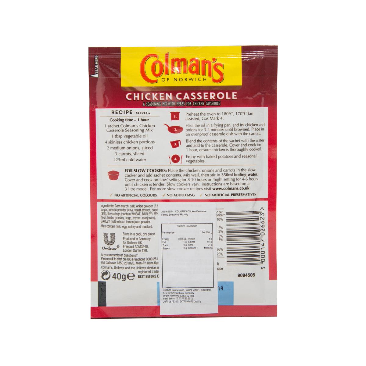 COLMAN'S chicken casserole seasoning mix sachet back with nutrition and recipe text panel
