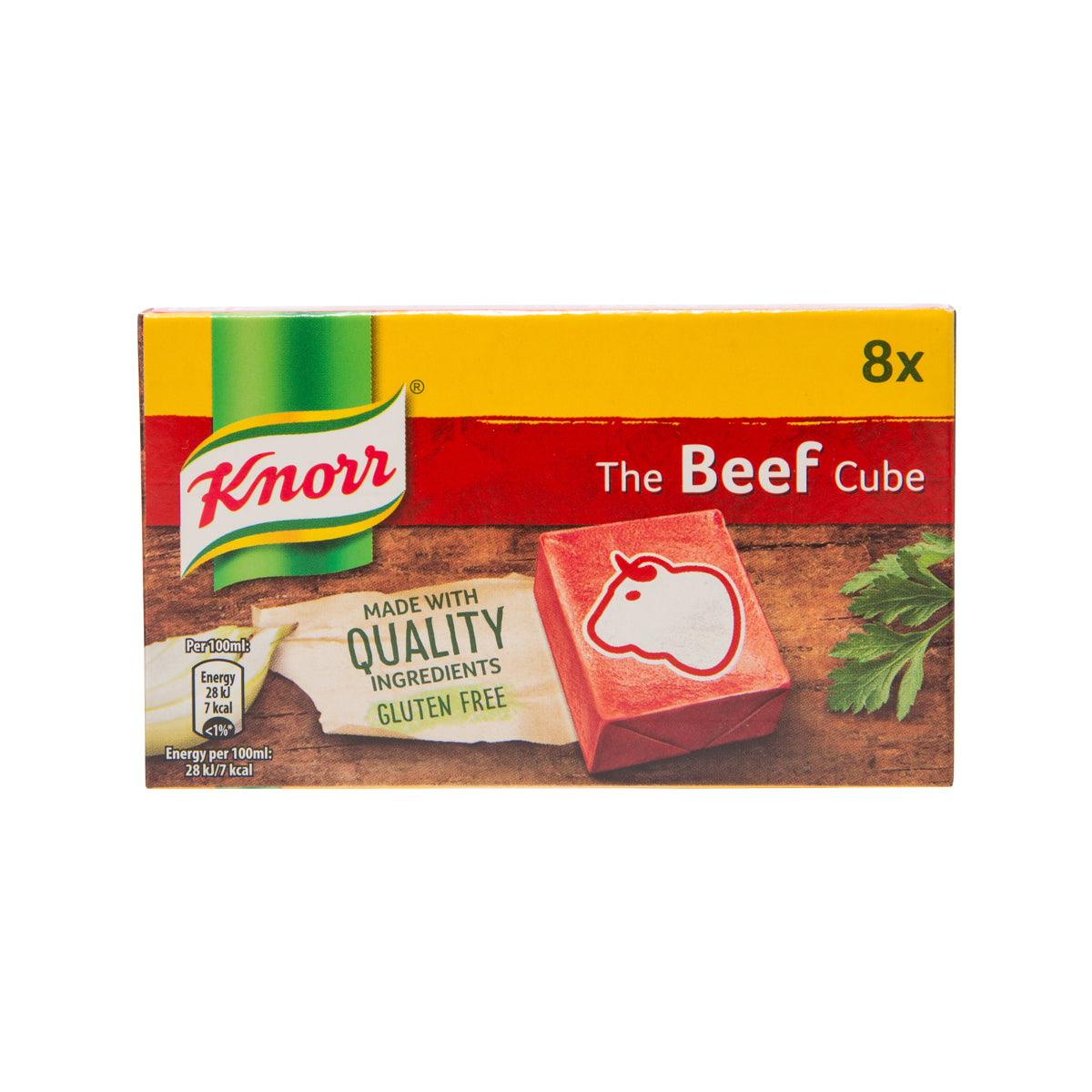 Beef stock cube box with 8 cubes, gluten free, front pack view.