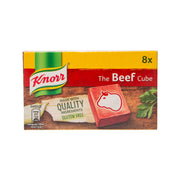 Beef stock cube box with 8 cubes, gluten free, front pack view.