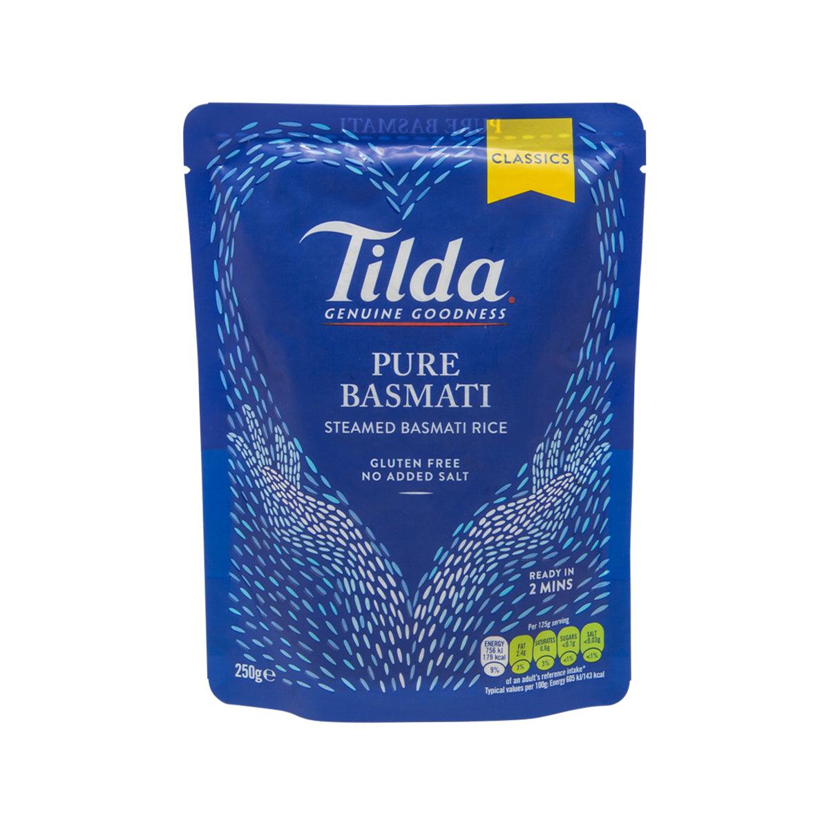 TILDA Pure Basmati steamed rice pouch, blue 250g front label