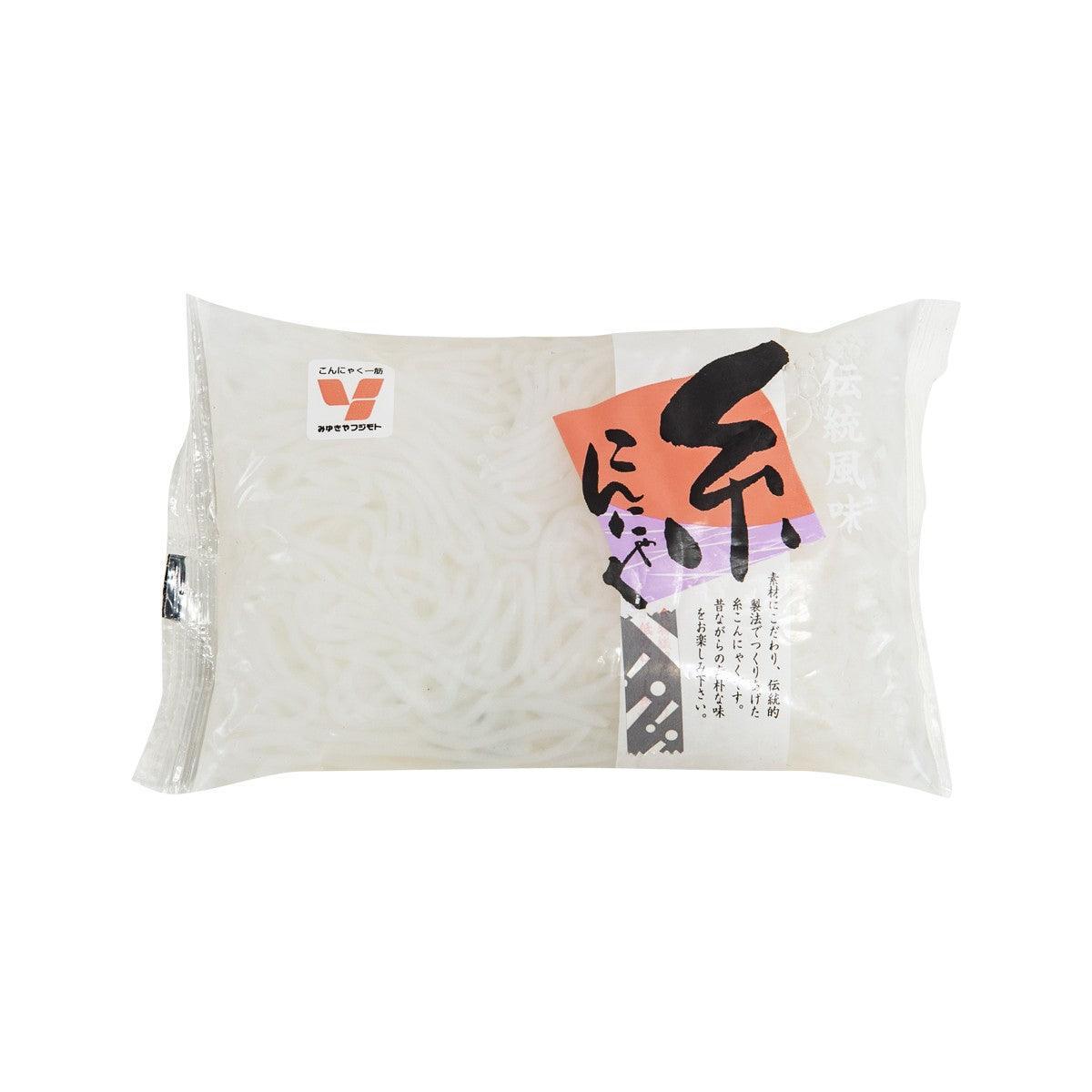 White konjac noodle pouch, front label with Japanese text and noodle illustration