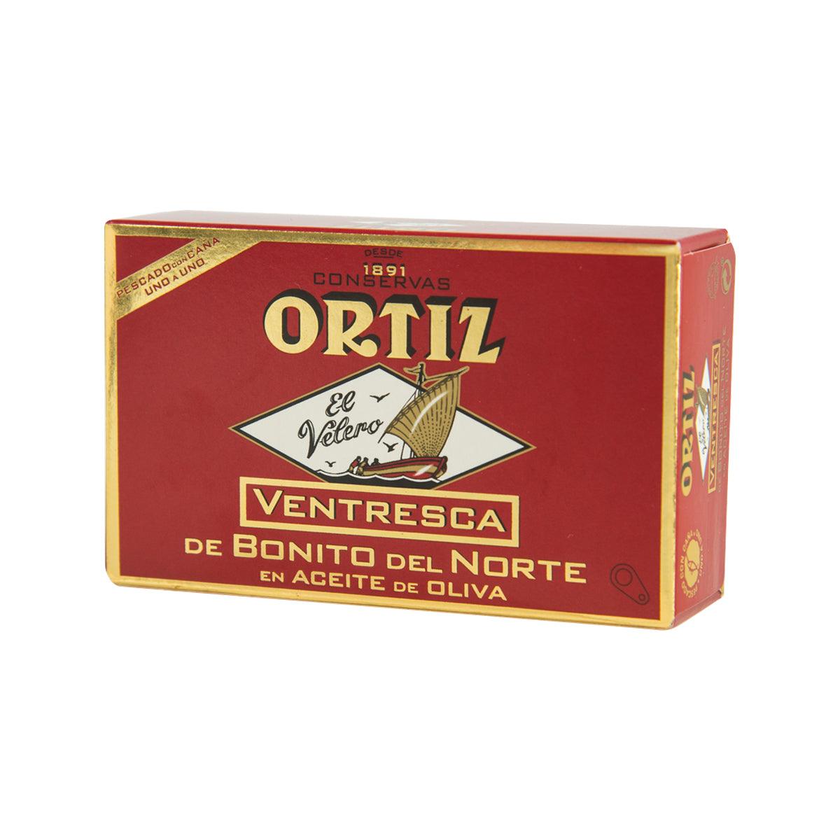 ORTIZ Ventresca olive oil tin, angled side view with red gold branding