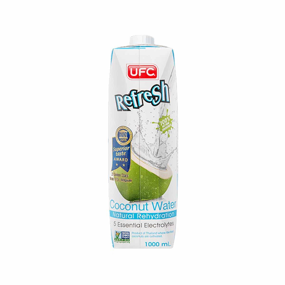UFC Refresh coconut water 1L carton with spout and coconut water label