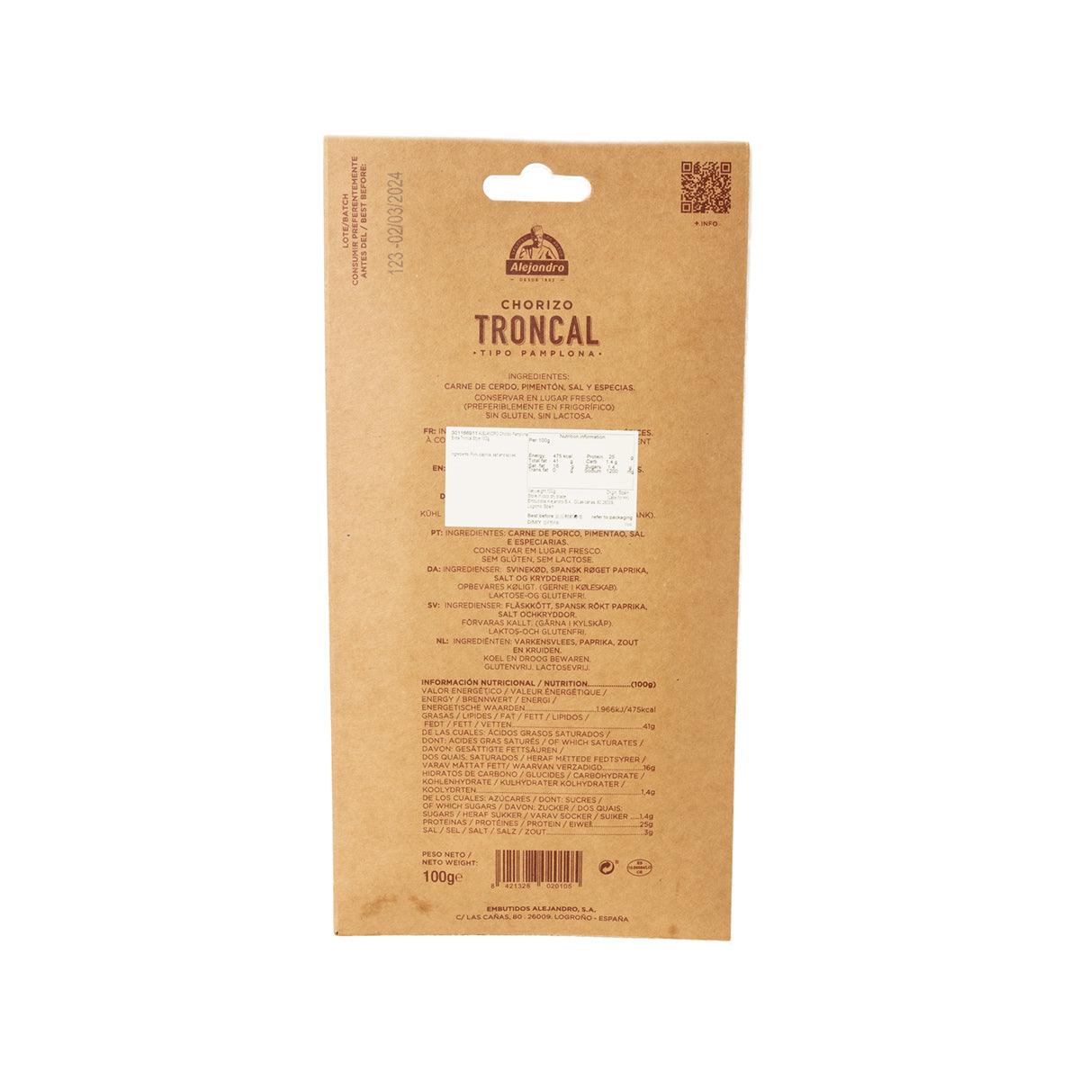 Chorizo TroncAl extra style 100g pouch back with barcode and ingredient label
