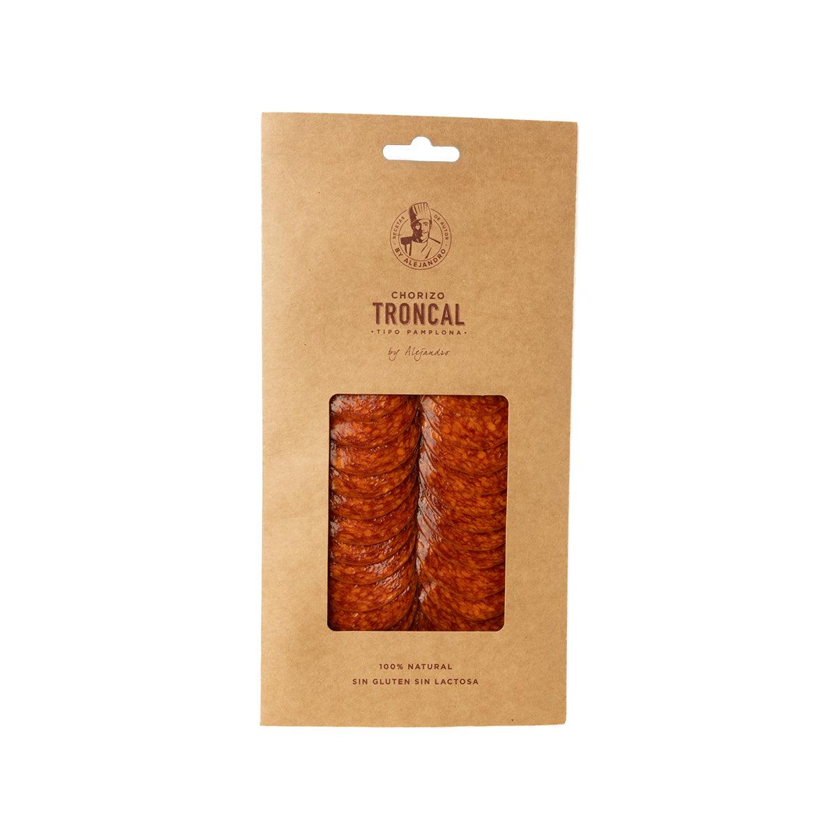 Chorizo TroncAl extra style 100g pouch with window showing sliced sausage links
